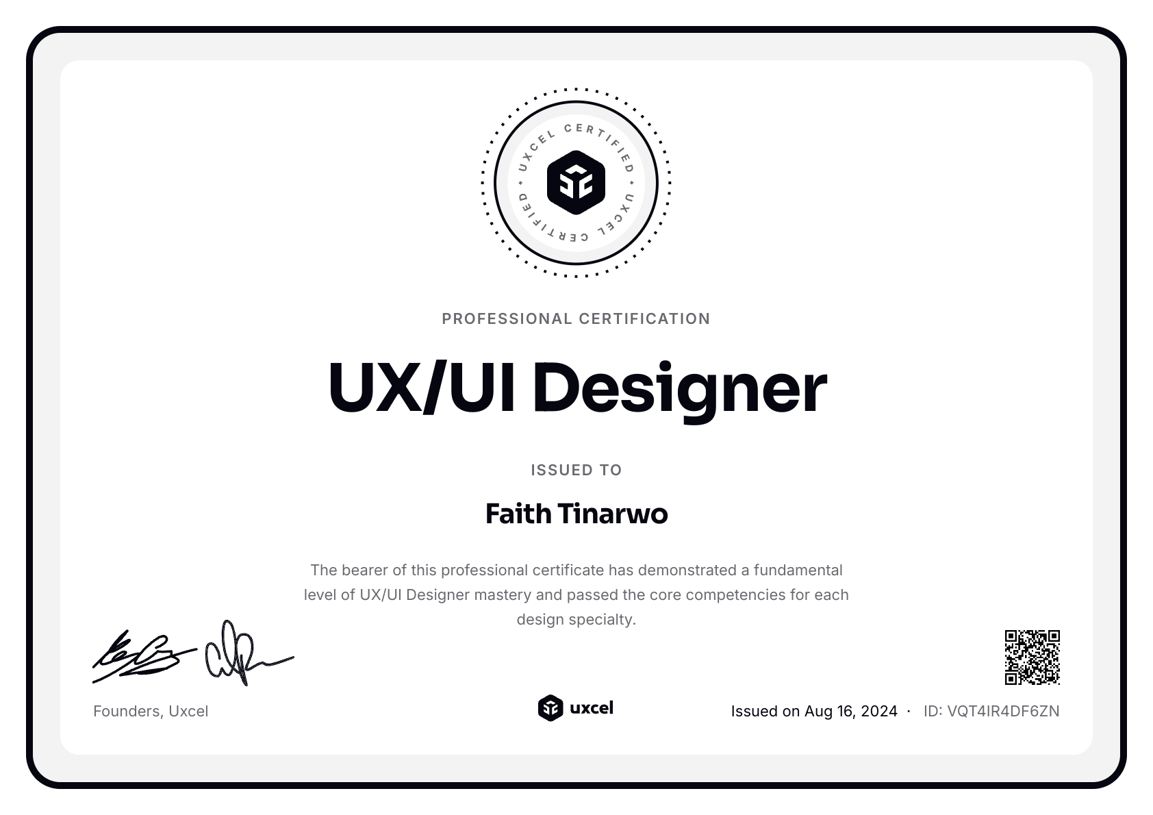 Faith Tinarwo's certificate